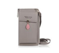 FuninCrea Bolso Teléfono Movil Tres Capas, Bolso Movil Mujer con Cremallera y Colgante de Hojas de Metal, Bolso Bandolera Pequeño Moda Bolso Bandolera Móvil para Móvil, Llave, Tarjeta (Gris)