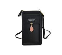FuninCrea Bolso Teléfono Movil Tres Capas, Bolso Movil Mujer con Cremallera y Colgante de Hojas de Metal, Bolso Bandolera Pequeño Moda Bolso Bandolera Móvil para Móvil, Llave, Tarjeta (Negro)