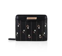 FuninCrea Cartera pequeña para mujer, diseño de flores, con 1 bolsillo con cremallera, piel sintética compacta, con 5 bolsillos para tarjetas y 1 ranura para dinero en efectivo, Negro , 11×9.5×3 cm