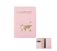 FuninCrea Funda Pasaporte Portadocumentos Viaje, Porta Pasaporte Cuero de PU Pasaporte Cartera con Múltiples Ranuras, Funda de Pasaporte de Viaje Soporte para Pasaporte con Patrón Dorado (Rosa)