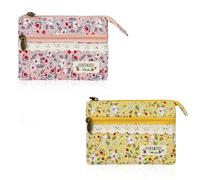 FuninCrea Monedero para Mujer con Bolsillos de 4 Capas, Floral Monedero Mujer Pequeño con Cremallera, Estilo Rural Monederos Algodón para Organizar Tarjetas, Monedas y Dinero