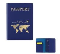 FuninCrea Soporte para pasaporte, de piel sintética, para pasaporte, con múltiples ranuras, delgada funda para pasaporte con patrón dorado para pasaporte, tarjetas de visita, azul marino, small