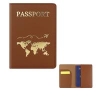 FuninCrea Soporte para pasaporte, de piel sintética, para pasaporte, con múltiples ranuras, delgada funda para pasaporte con patrón dorado para pasaporte, tarjetas de visita, marrón, small, Moderno