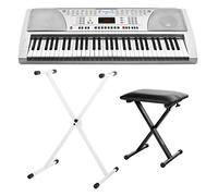 Funkey 61 Teclado incl. soporte ajustable en altura (plata) y banco (61 teclas, 100 sonidos, 100 ritmos, 8 canciones demo, fuente de alimentación, atril para partituras)