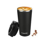 Funkrin Taza de café aislada con revestimiento de cerámica, taza de café helado de 16 onzas con tapa abatible y asa, taza térmica de doble pared al vacío a prueba de fugas para viajes, oficina,