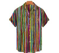 Funky Camisa Hawaiana,Camisas De Playa Hawaianas Para Hombres, Camisas De Botones Blancas Con Patrón De Líneas De Colores, Camisas De Manga Corta Sueltas Simples Para Vacaciones En La Playa Y Uso