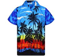 Funky Hawaii Camisa de manga corta para hombre, incluye un bolsillo delantero, diseño hawaiano, color azul - Azul -