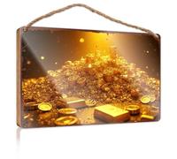 Funky Home Decor Golden Treasure: A Mountain Of Wealth And Luxury - Letrero de madera para colgar en la puerta (23 x 35 cm)