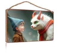 Funky Home Decor Whimsical Encounter: A Child Meets A Fantasy Creature - Letrero de madera para colgar en la puerta, decoración de verano (20 x 30 cm)