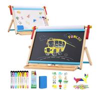 FUNLIO Caballete de Mesa 3-en-1 para Niños 3+ (100+ accesorios), Pizarra Magnética Doble Cara, Pizarra Infantil de Madera con Rollo de Papel, 3 Ángulos Ajustables, Plegable - Azul