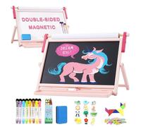 FUNLIO Caballete de mesa anti-deformación para niños de 3 años+, caballete magnético de madera de doble cara con 3 ángulos ajustables, con pizarra, pizarra blanca y rollo de papel, plegable - Rosa