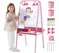 FUNLIO Caballete Exterior Plegable para Niños 3+, a Dos Caras con 2 Tableros de Acrílico & 21 Accesorios, Impermeable, Resistente al Sol, Portátil & Estable - Rosa