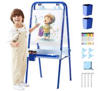 FUNLIO Caballete Exterior Plegable para Niños 3+, a Dos Caras con 2 Tableros de Acrílico & 21 Accesorios, Impermeable, Resistente al Sol, Portátil & Estable - Azul