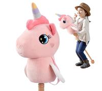 FUNLIO Caballo de Palo Interactivo para Niños Desde 3 Años, Hobby Horse con Sonidos Realistas (Relincho & Galope), Cabeza de Peluche Suave con Ruedas de Madera - Rosa