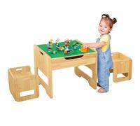 FUNLIO Mesa de Actividades 2 en 1 de Madera y 2 Sillas para Niños 3+, Mesa de Juego Ajustable en Altura con 450 Bloques y Almacenaje, Mesa y Sillas Infantiles para Jugar/Aprender, Certificada CPC y CE
