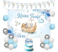 Funmemoir Bautizo decorativo azul, mi bautizo fondo pancarta decoración pastel azul plata blanco globos para niño bautizo comunión confirmación decoración