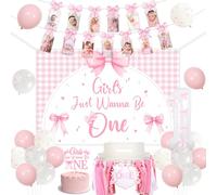 Funmemoir Decoración de fiesta de primer cumpleaños con lazo rosa para niñas Just Wanna Be One, decoración para tartas, pancarta mensual de fotos, pancarta de trona, globos para pajarita, primer