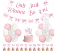 Funmemoir Decoración de fiesta de primer cumpleaños con lazo rosa para niñas Just Wanna Be One, guirnalda de cumpleaños para tartas y cupcakes para niñas, decoración de primer cumpleaños con temática