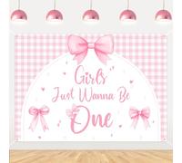 Funmemoir Decoración de fiesta de primer cumpleaños con lazo rosa para niñas Just Wanna Be One, telón de fondo de primer cumpleaños para niñas, fondo de fotografía de fiesta temática de lazo rosa, 2.1