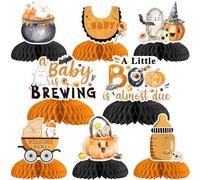 Funmemoir Decoración de mesa de baby shower de Halloween, un bebé está preparando, centro de mesa de panal para A Little Boo is Almost Due Halloween, revelación de género, decoraciones de celebración