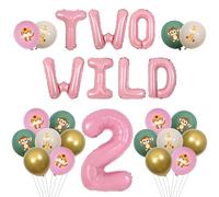 Funmemoir Decoraciones de 2º cumpleaños de safari rosa - Juego de dos globos salvajes con globos de estampado de animales de la selva, 2 globos de aluminio para niñas, decoración de fiesta de segundo