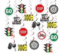 Funmemoir Decoraciones de cumpleaños para licencia de conducir, 24 espirales colgantes con temática de feliz cumpleaños 16, remolinos en espiral con temática de conductor para señales de tráfico