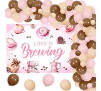 Funmemoir Decoraciones de despedida de soltera de café, color rosa, arco de guirnalda de globos con texto en inglés "Love Is Brewing", telón de fondo para despedida de soltera, fiesta de compromiso