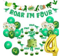 Funmemoir Decoraciones de dinosaurio para cumpleaños número 4: incluye pancarta de Roar i'm Four, adornos para cupcakes y pasteles, globos de 4 números de aluminio, globos impresos para niños y niñas