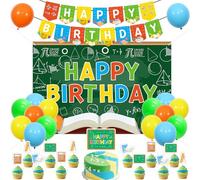 Funmemoir Decoraciones de fiesta de cumpleaños de matemáticas, pancarta de feliz cumpleaños, telón de fondo, decoración de cupcakes de pasteles, globos, ecuaciones matemáticas, suministros de fiesta