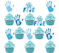 Funmemoir Decoraciones de fiesta de cumpleaños High Five para niños, 36 piezas de decoración para cupcakes Hi Five, decoraciones azules de 5º cumpleaños para niños, decoraciones de pastel de cinco
