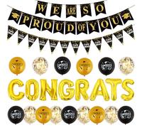 Funmemoir Decoraciones de graduación negras y doradas: pancarta con texto en inglés "We are so Proud of You", banderines de felicitaciones, globos de aluminio para la clase de 2026, felicitaciones