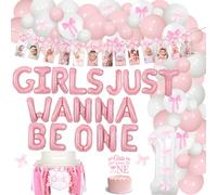 Funmemoir Decoraciones de primer cumpleaños con lazo rosa para niña, globos de aluminio con texto en inglés "Girls Just Wanna Be One", pancarta mensual de fotos, decoración para tartas, arco de globos
