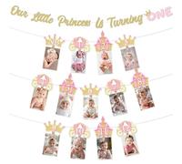 Funmemoir Decoraciones de primer cumpleaños de princesa: Nuestra pequeña princesa está girando una pancarta, corona rosa y dorada, castillo de calabaza, carruaje, pancarta de fotos para niñas