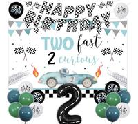 Funmemoir Dos decoraciones de cumpleaños rápidas para niño, dos telones de fondo curiosos, pancarta de feliz cumpleaños de coche de carreras, globo de aluminio número 2 para decoración de fiesta de