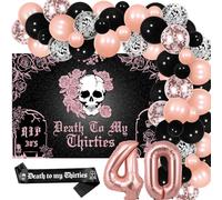 Funmemoir Rip - Decoraciones de cumpleaños de los años 30, oro rosa y negro, kit de arco de guirnalda de globos con telón de fondo de Death to My Thirties, banda, globos de aluminio para funeral
