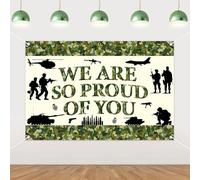 Funmemoir Telón de fondo de camuflaje del ejército We Are So Proud of You, pancarta de vinilo con temática militar de 5 x 3 pies con ojales y cinta para graduación, bienvenida a casa, fiestas de