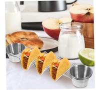 FUNNETOYU Soporte para Tacos de Acero Inoxidable Resistente y Apilable con Dos Vasos para Salsas Diseño Compacto y Práctico para Tacos Mexicanos y Tortillas