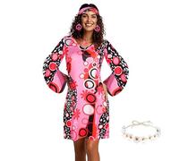 Funnity Años 70 Disfraz Hippie Mujer, Accesorios Hippie Vestido Diadema Flores Collar Pendientes, Disfraz Disco, Disfraz Años 70 para Disfraz Carnaval Cosplay L