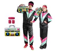 Funnlot Disfraz de los años 80 para mujer y hombre, 6 unidades, disfraz de los años 80, traje de entrenamiento, disfraz para adultos, carnaval, mujer, pareja, chaqueta retro, traje de los años 80,