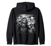 Funny Alien and Bigfoot Selfie UFO Rock on Sign Sasquatch Sudadera con Capucha