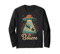 Funny Alien Christmas Believe UFO Santa Abduction Men Women Manga Larga