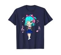 Funny Anime and Music Girl for Teen Chibi Graphic Anime Girl T-Shirt Dark Blue