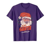 Funny Be Nice Santa Claus Mirándote Árbol de Navidad X-Mas Camiseta, Hombre, Morado, S