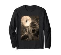 Funny Bigfoot Selfie Luna Llena Bosque de Brujas Volador Halloween Manga Larga