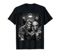 Funny Bigfoot y Alien Selfie UFO Peace Sign Camiseta