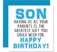 Funny Birthday Cards for Son - Having Us As Parents Greatest Gift Wish - Joke Happy Birthday Card from Parents Mum Dad, Banter Birthday Gifts, 145mm x 145mm Greeting Cards for Children Boys Teenagers