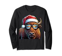 Funny Bison Buffalo with Sunglasses Santa Hat Snow Christmas Manga Larga