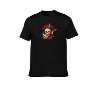 Funny Black Cotton Round Collar T-Shirt with Skull Playing Guitar & 'Viea EIS Chips' Print, Quirky & Cool XXL