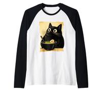 Funny Black Fat Cat Eating Ramen Japanese Kawaii Anime Camiseta Manga Raglan