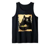 Funny Black Fat Cat Eating Ramen Japanese Kawaii Anime Camiseta sin Mangas